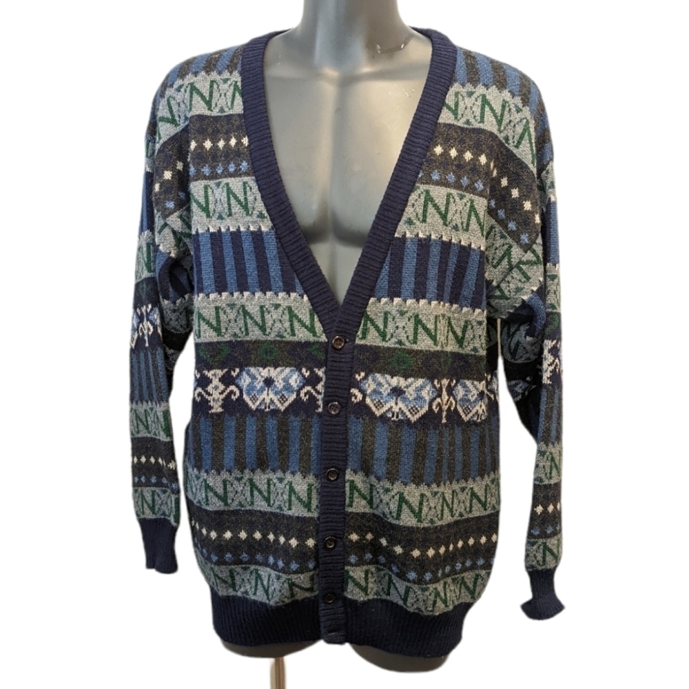 Vintage blue striped knit grampa cardigan large